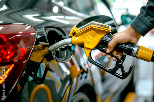 close up of Refueling a Modern Car tank at Gas Station with Yellow Nozzle