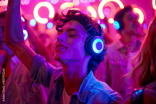 Young Man Enjoying Music with Headphones at Colorful silent Nightclub disco