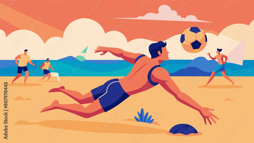 A dramatic action shot of a player diving for a ball surrounded by the bustling energy of a crowded beach on a warm summer day.. Vector illustration