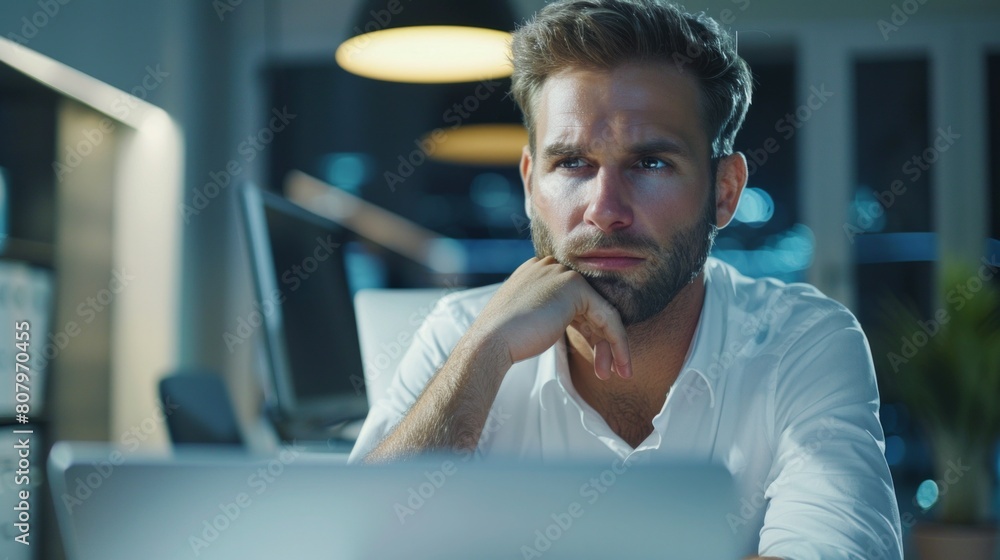 Naklejka premium Businessman using laptop computer in office. Happy middle aged man, entrepreneur, small business owner working online.