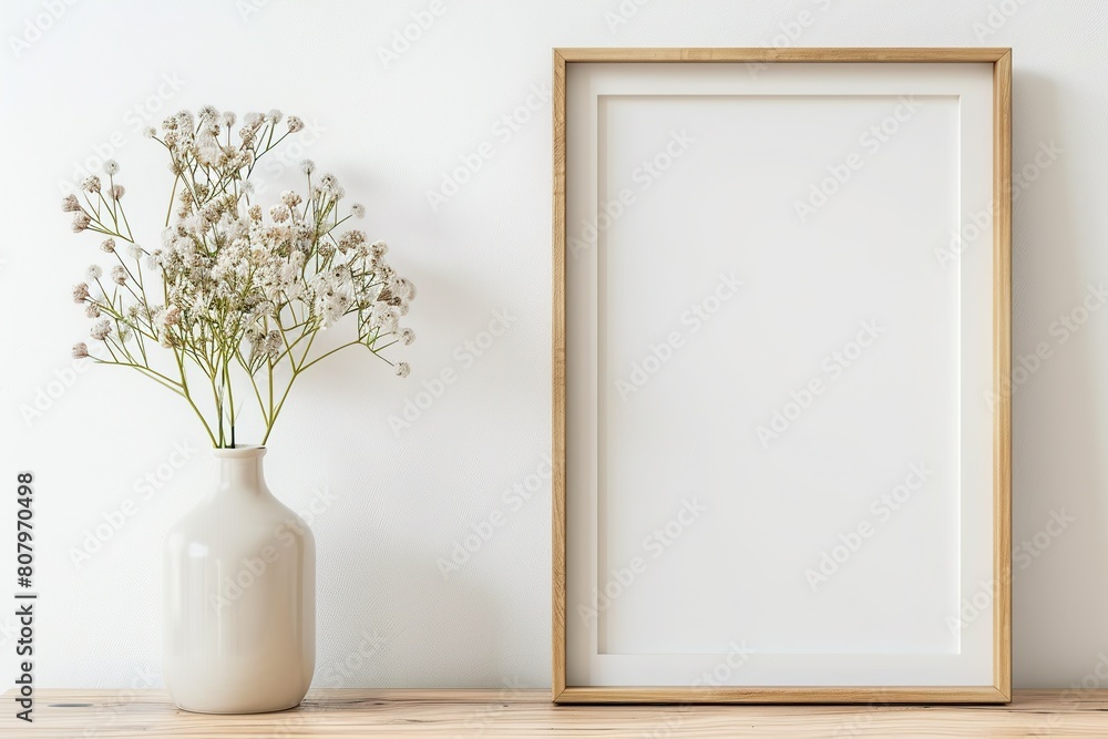 Mockup of white blank wooden frame in the living room interior Mockup of white blank wooden frame in the living room interior