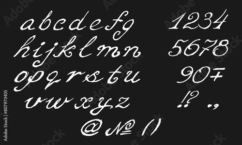 Set of handwritten small English letters, numbers and punctuation marks. White squiggles on a black background. Collection of vector images