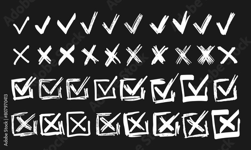 Checkmarks and crosses. Collection of thirty six randomly drawn squiggles and doodles. Vector set of white symbols and signs on a black background