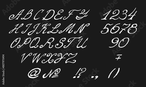 Set of handwritten large English letters, numbers and punctuation marks. White squiggles on a black background. Collection of vector images