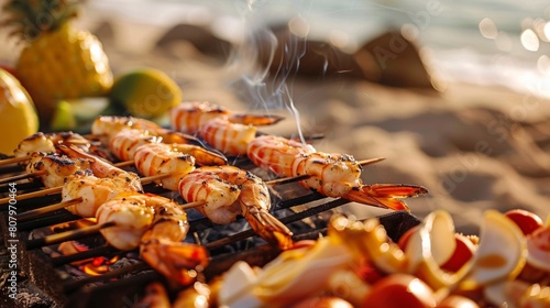 A beachside barbecue with skewers of grilled prawns and scallops, enticing aromas