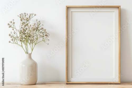 Mockup of white blank wooden frame in the living room interior