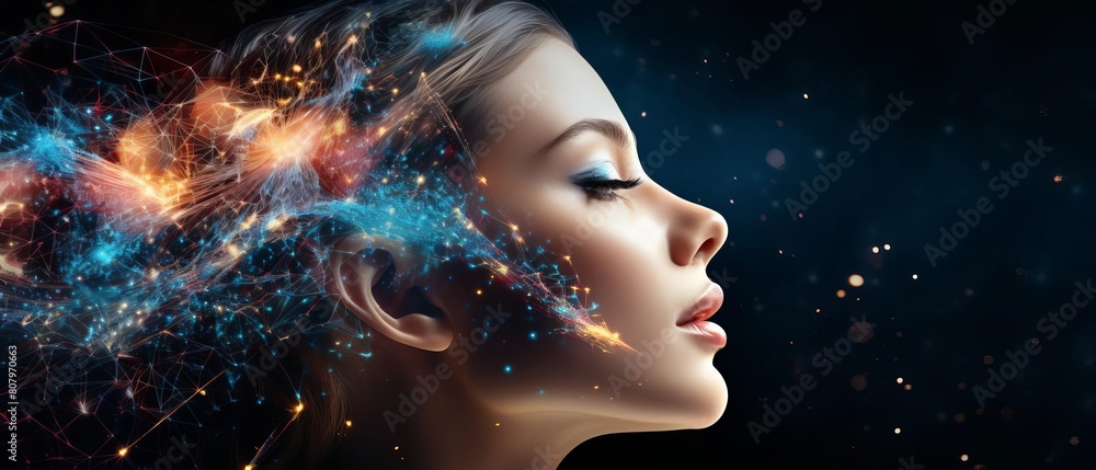 Depict a face transitioning into a digital universe with neural connections sparking like stars visualizing the expansive reach of AI technology. Depict a face transitioning into a digital universe with neural connections sparking like stars visualizing the expansive reach of AI technology.
