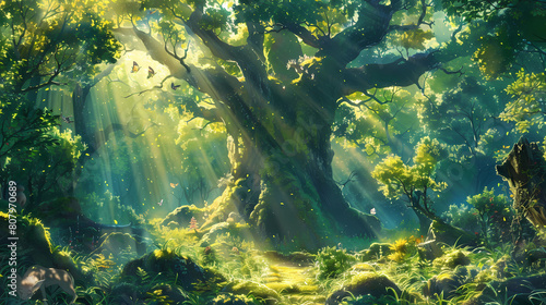 Collection of of enchanting forest fantasy anime scenes , featuring towering ancient trees, whimsical creatures,