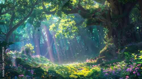 Collection of   of enchanting forest fantasy anime scenes   featuring towering ancient trees  whimsical creatures 
