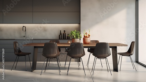 A minimalist metal chair at a modern dining table, adding sleek style to a contemporary kitchen