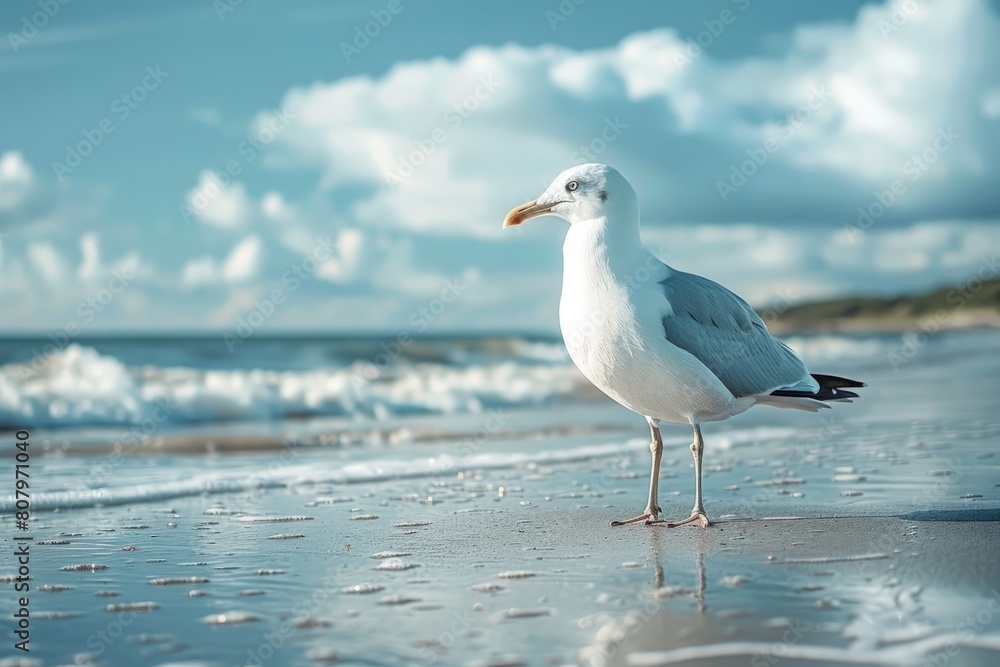 Single seagull caught standing elegantly on a sandy seashore with waves crashing in the background Single seagull caught standing elegantly on a sandy seashore with waves crashing in the background
