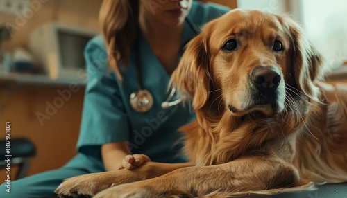 A woman is petting a golden retriever in a room with a blue wall