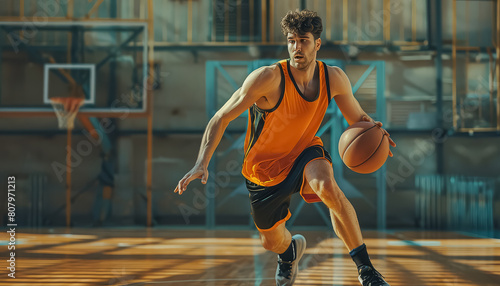 A basketball player is dribbling a basketball on a court