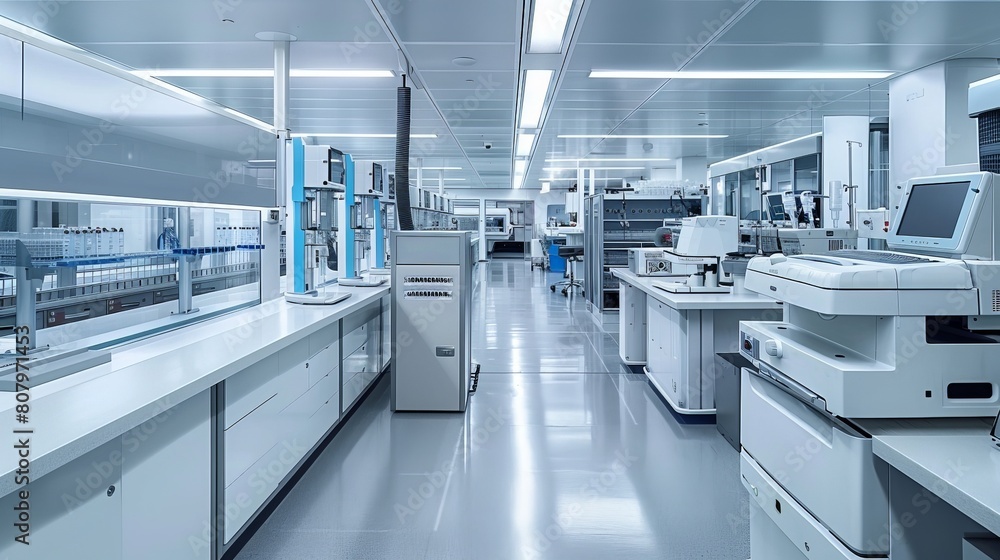 Clean and minimalist laboratory with automated systems processing bacterial samples, showcasing the synergy between information technology and medical science., --no grunge ,splash, dust Clean and minimalist laboratory with automated systems processing bacterial samples, showcasing the synergy between information technology and medical science., --no grunge ,splash, dust