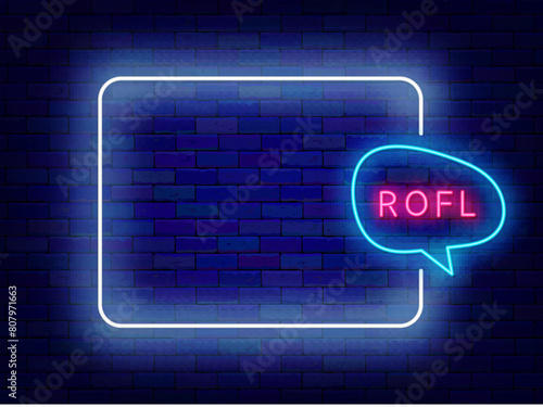 Funny neon online message. Internet chat concept. Empty white frame and Rolling On the Floor Laughing text in speech bubble. Copy space. Editing text. Vector stock illustration photo