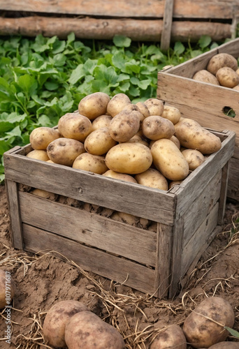 Fresh eco potatoes in an old wooden box. A pile of potatoes lies in a box against the background of a field © Giuseppe Cammino