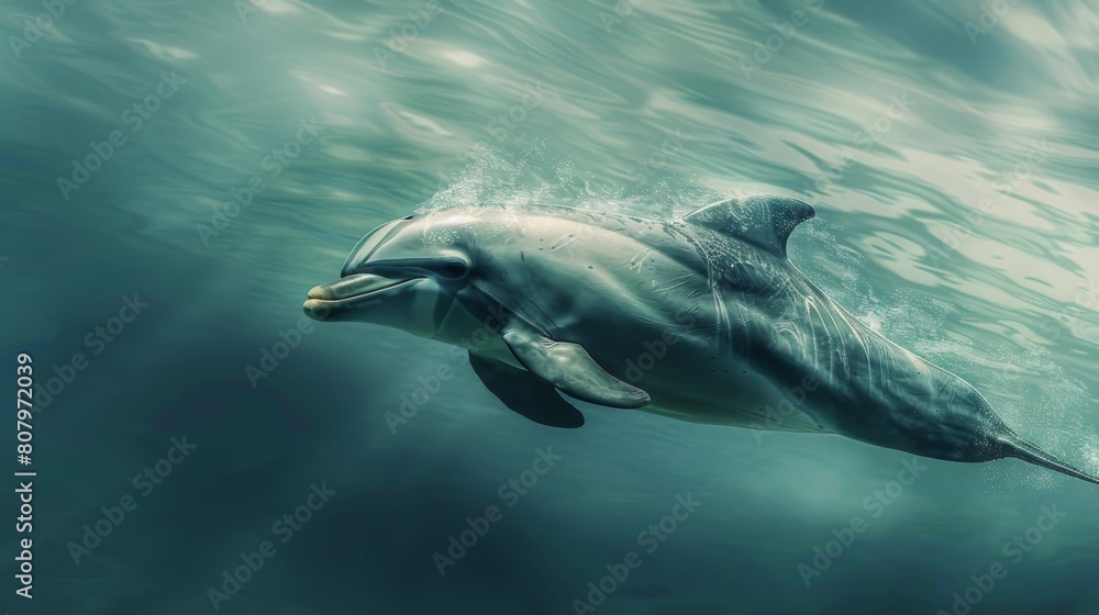 Fototapeta premium A bottlenose dolphin surfacing for a breath of air, adaptation to marine life
