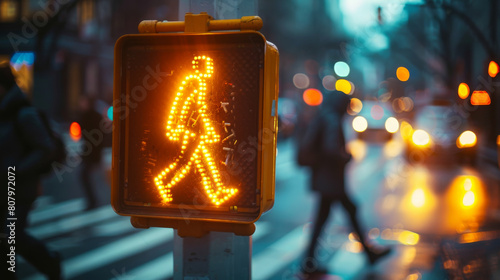 A pedestrian crossing sign is lit up in a busy city street photo
