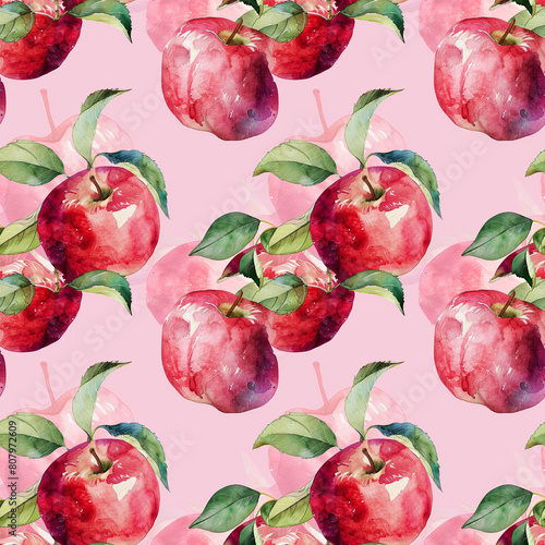 Rich and vibrant watercolor pattern of red apples, perfect for enhancing textile, wallpaper, and poster designs
