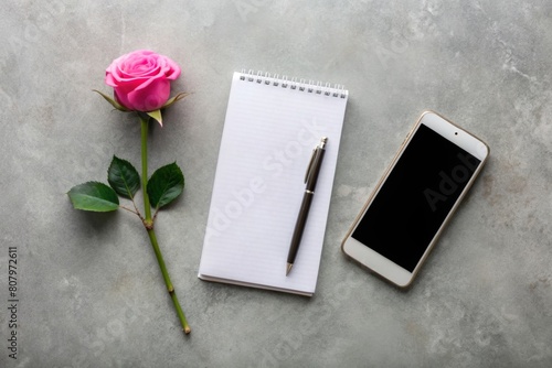 phone, pen, notepad and rose on a gray background. composing in the style of minimalism for design. top. flatly photo