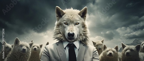 An allegorical representation of a wolf in a suit with sheep visualizing the idea of a manipulative leader in a corporate setting.