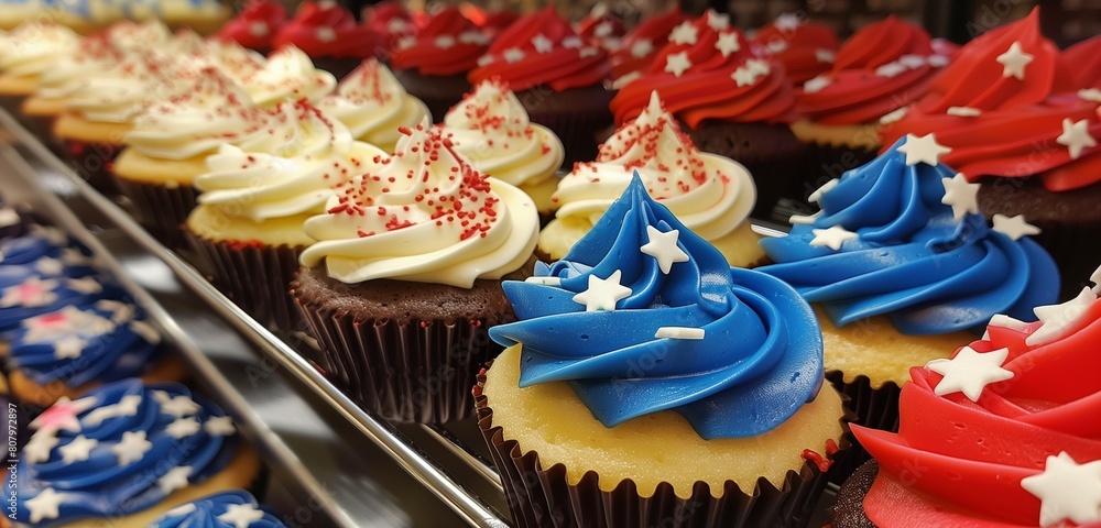 Festive cupcakes adorned with red, white, and blue frosting swirls, perfect for patriotic celebrations. 