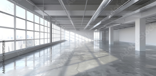 Empty, modern building and space for office or warehouse for interior design, architecture and real estate. Industrial, background and vacant room for workplace, urban planning and business site