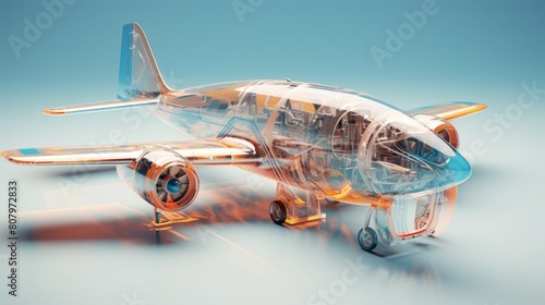 Transparent airplane made of glass with blue and orange details. photo