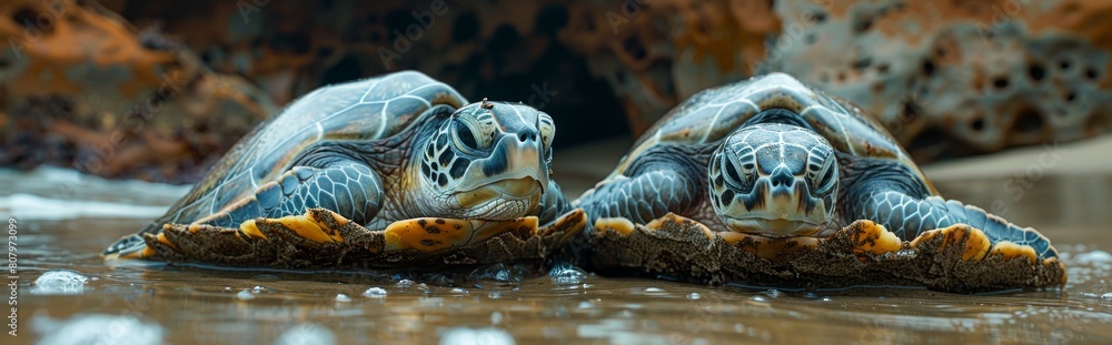 Turtles trapped in fishing nets due to ocean pollution, in sea water ...
