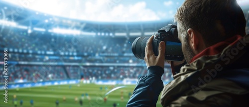 Sports Photographers with Zoom Lenses Shooting Soccer Championship Match. International Cup, World Tournament Event. Photography, Journalism, and Media. photo