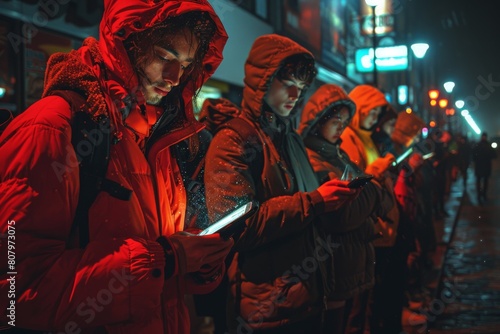 A moody, nighttime urban scene depicts individuals engrossed in their smartphones, their faces obscured for anonymity © Dacha AI