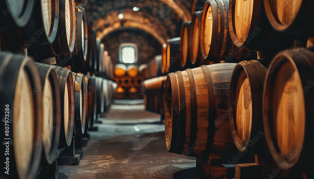 A long row of wooden barrels with a dark, almost black, hue