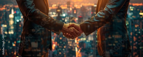 Two business people shaking hands in front of a modern city.