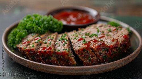 Freshly prepared meatloaf slices, neatly arranged on a plate with a savory sauce, suitable for promoting ready-to-eat meat products in a supermarket