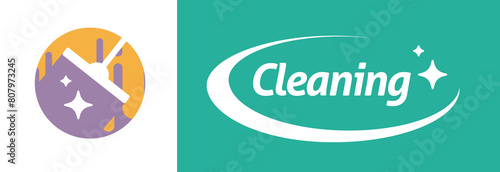 Cleaning service logo icon vector graphic illustration set, cleaner wash laundry green yellow purple logotype symbol modern design image clip art flat cartoon