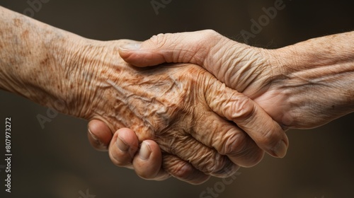 Two old people shaking hands with each other, AI