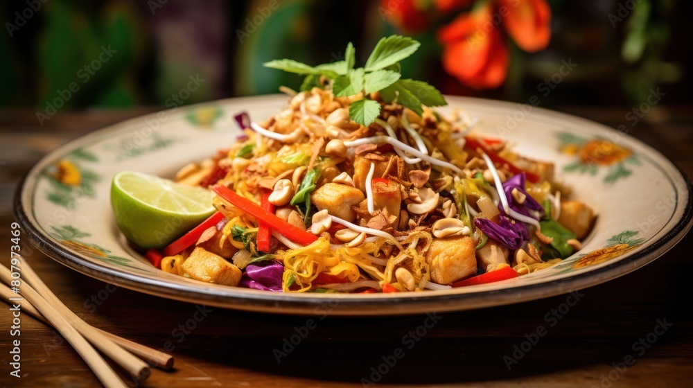 Pad Thai, featuring stir-fried rice noodles tossed with colorful vegetables, Pad Thai, featuring stir-fried rice noodles tossed with colorful vegetables,