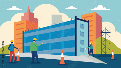 Erecting a temporary wind barrier for protection and noise control on a highrise construction project.. Vector illustration