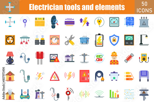 Electrician tools and element icon set. Containing Flashlight,Danger,Telephone Stock,Electric Meter,Swtich,Plug,Protect,Fuse,Capacitor,Fuse Box,Power Strip, Insulating Tape and more. Vector web icons 