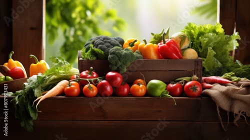 fresh fruits and vegetables, arranged in a rustic wooden crate,  © CStock