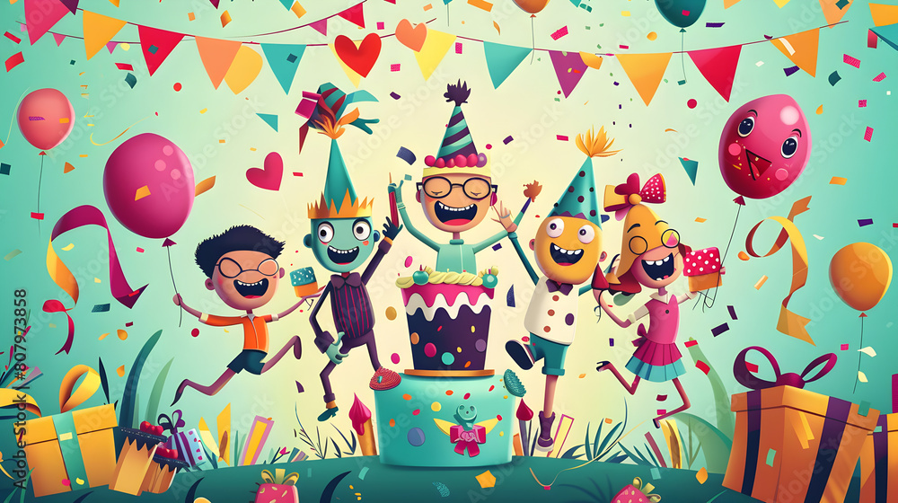 Vibrant children's birthday party illustration featuring quirky cartoon characters, a giant cake, and colorful decorations. Vibrant children's birthday party illustration featuring quirky cartoon characters, a giant cake, and colorful decorations.