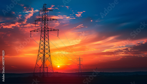 A power line tower is silhouetted against a beautiful sunset