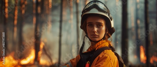 A courageous female firefighter is seen standing in protective uniform and wearing a helmet, posing for the camera. She is standing in a smokey forest during a wildfire. photo