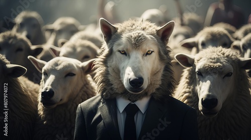 A corporate betrayal concept with a wolf in a suit standing confidently among a group of sheep capturing the essence of hidden agendas in business.