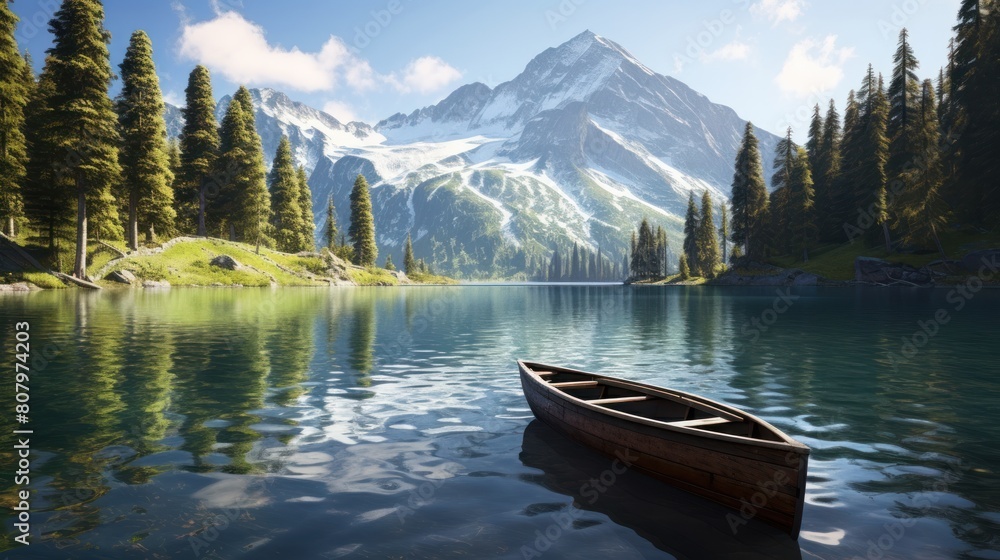 wooden rowboat gently bobbing on the glassy surface of a pristine alpine lake, 