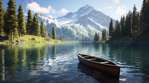 wooden rowboat gently bobbing on the glassy surface of a pristine alpine lake,  © CStock