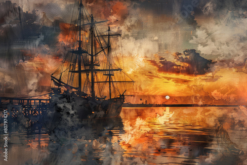 Medieval ship in the harbor at sunset, watercolor style painting