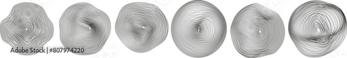 Set of abstract tree rings. Vector topographic map concept. Spheres of wavy dynamic lines. Thin black lines on transparent background. Vector EPS 10