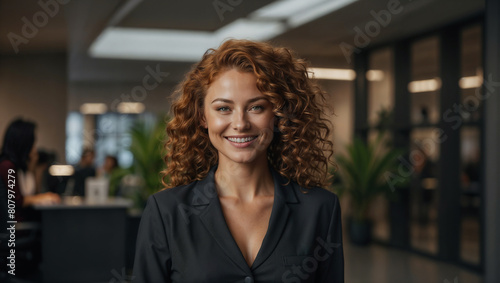 Bella donna con capelli rossi ricci sorride in un moderno ufficio con abito elegante photo