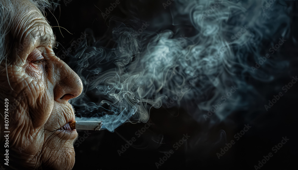 An older woman is smoking a cigarette